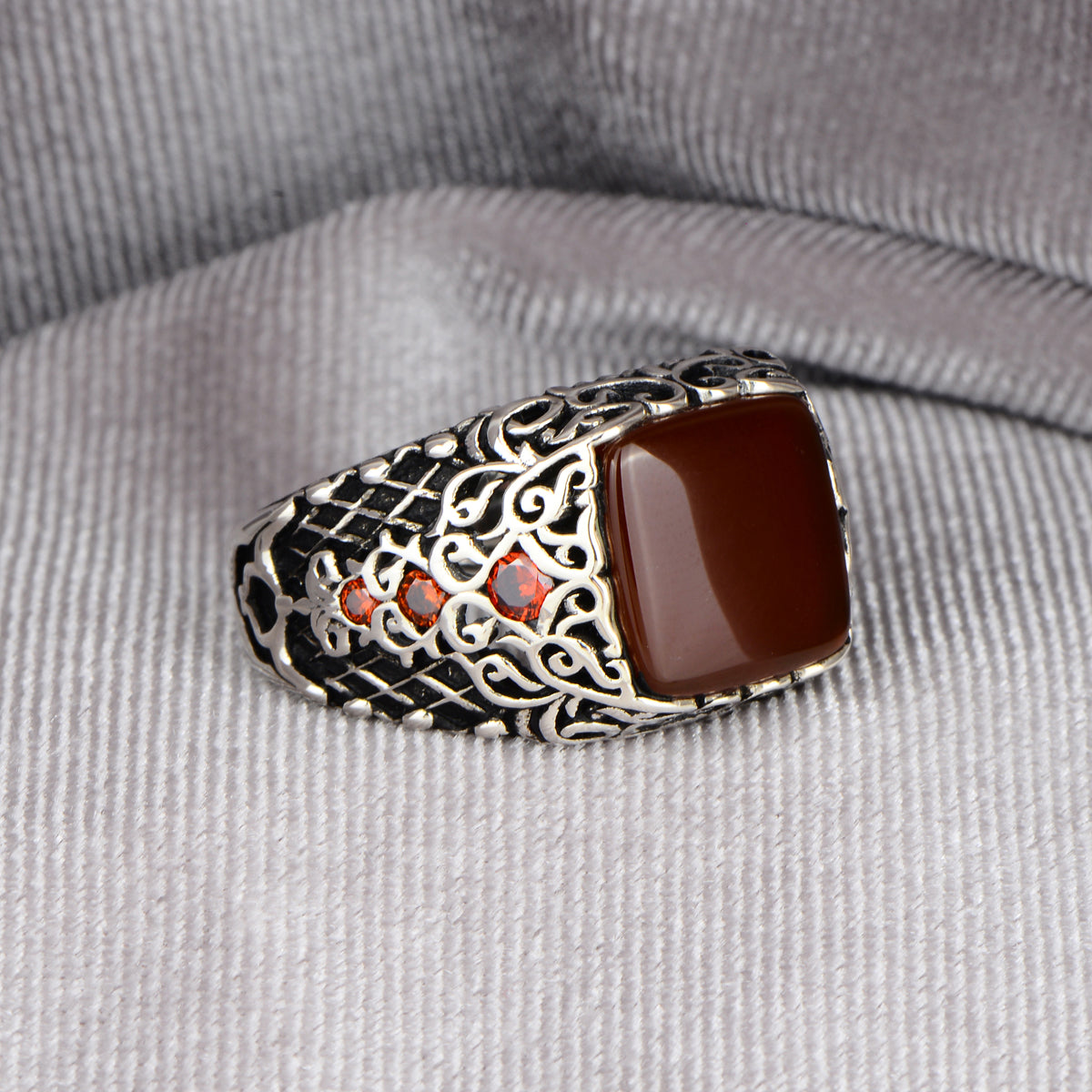 Silver Handmade Minimal Red Agate Stone Ring