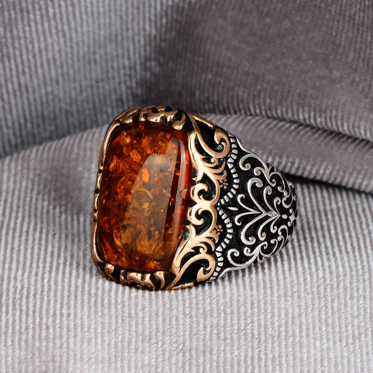 Silver Handmade Ottoman Style Amber Ring