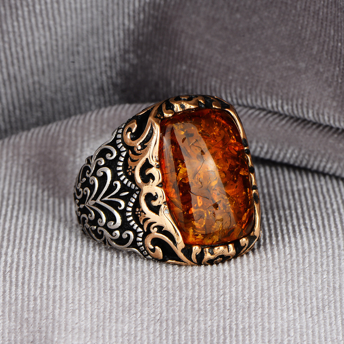 Silver Handmade Ottoman Style Amber Ring