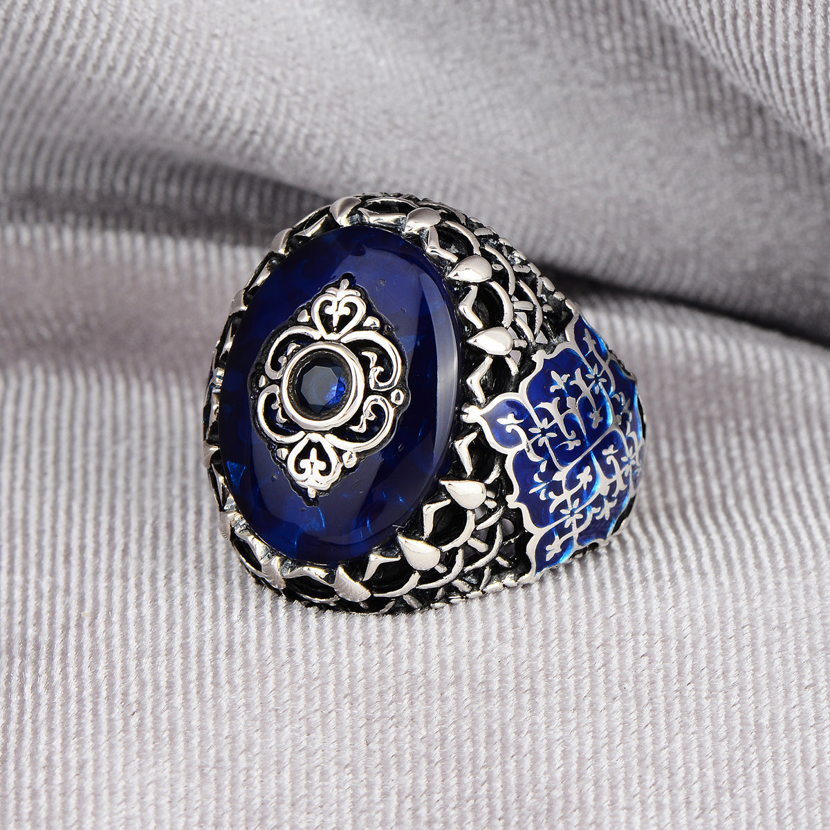 Silver Ottoman Style Sapphire Stone Handmade Ring