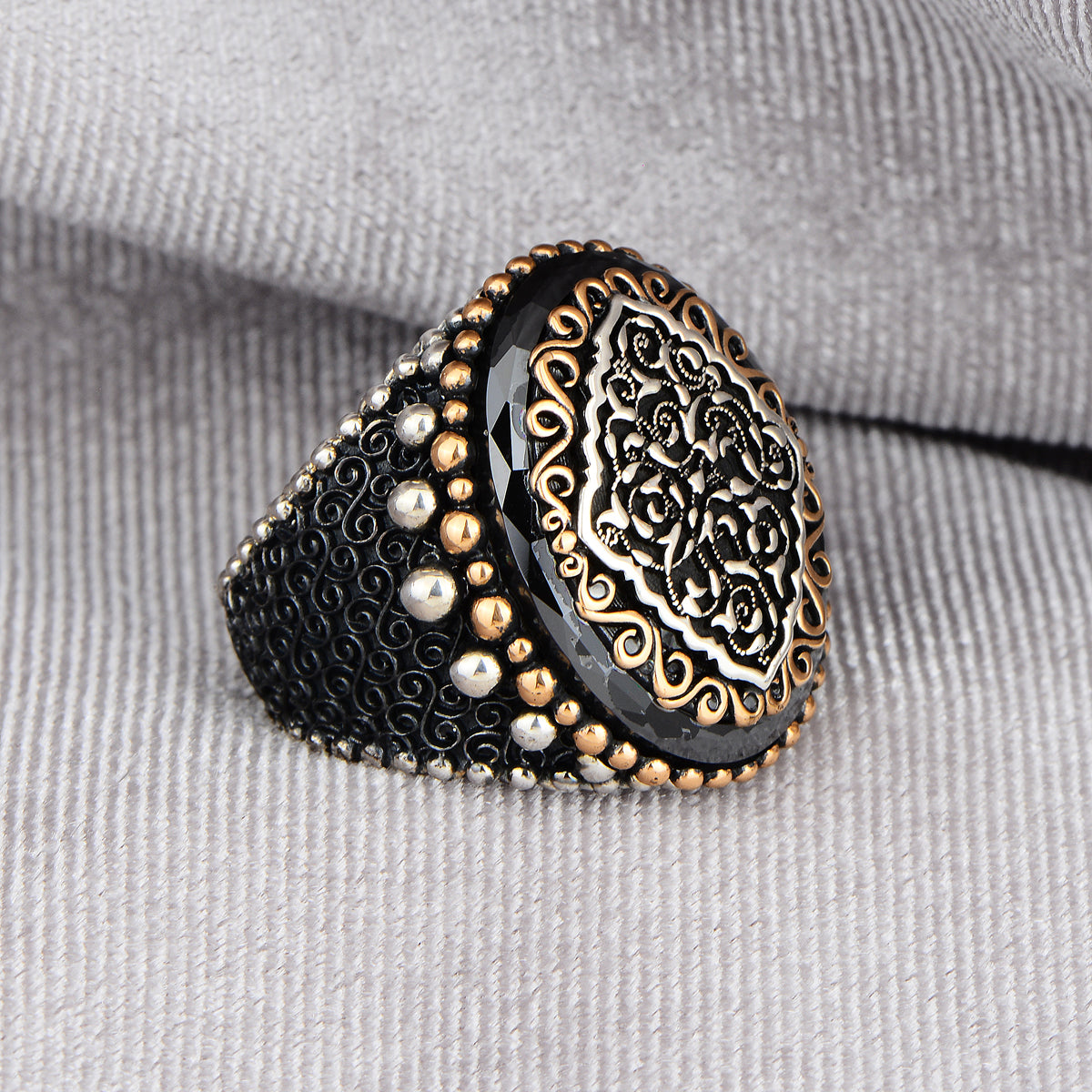 Silver Ottoman Style Black Zircon Stone Ring