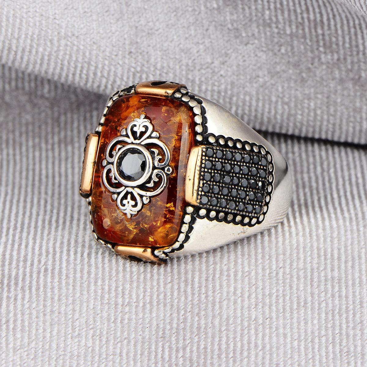 Silver Square Amber Stone Ring