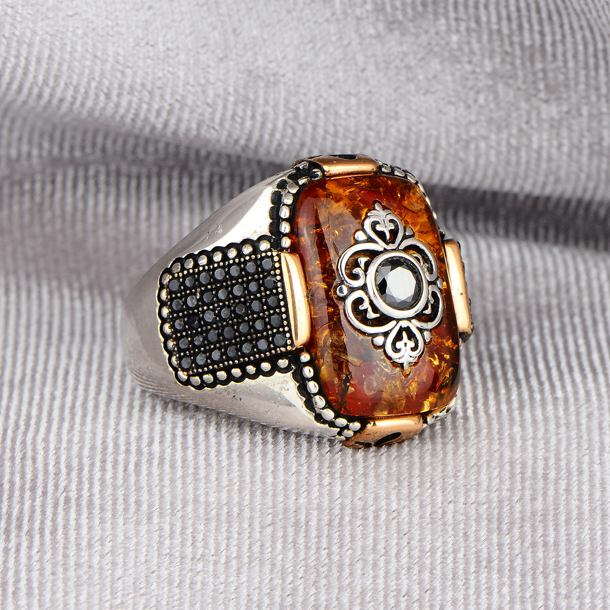 Silver Square Amber Stone Ring