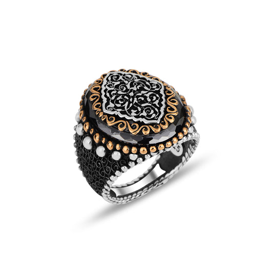 Silberner Ring mit schwarzem Zirkonstein im osmanischen Stil