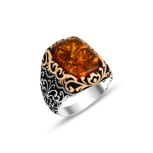Silver Handmade Ottoman Style Amber Ring
