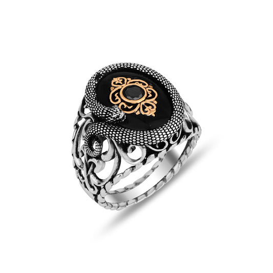 Silver Snake Style Onyx Stone Ring