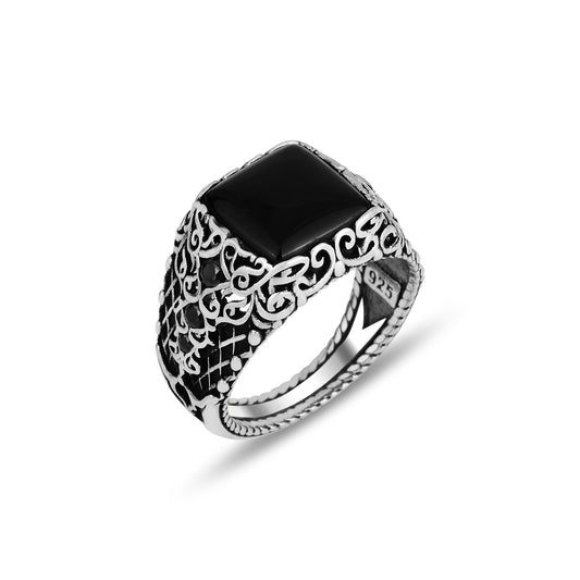 Silver Modern Square Onyx Stone Ring