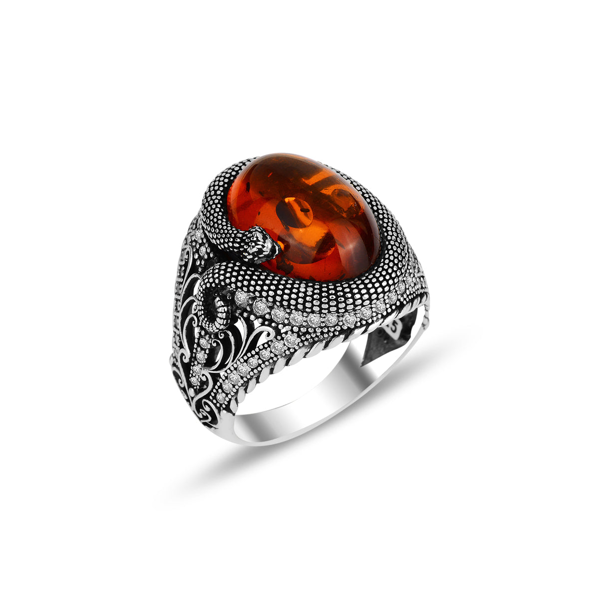 Silver Snake Model Natural Amber Stone Ring