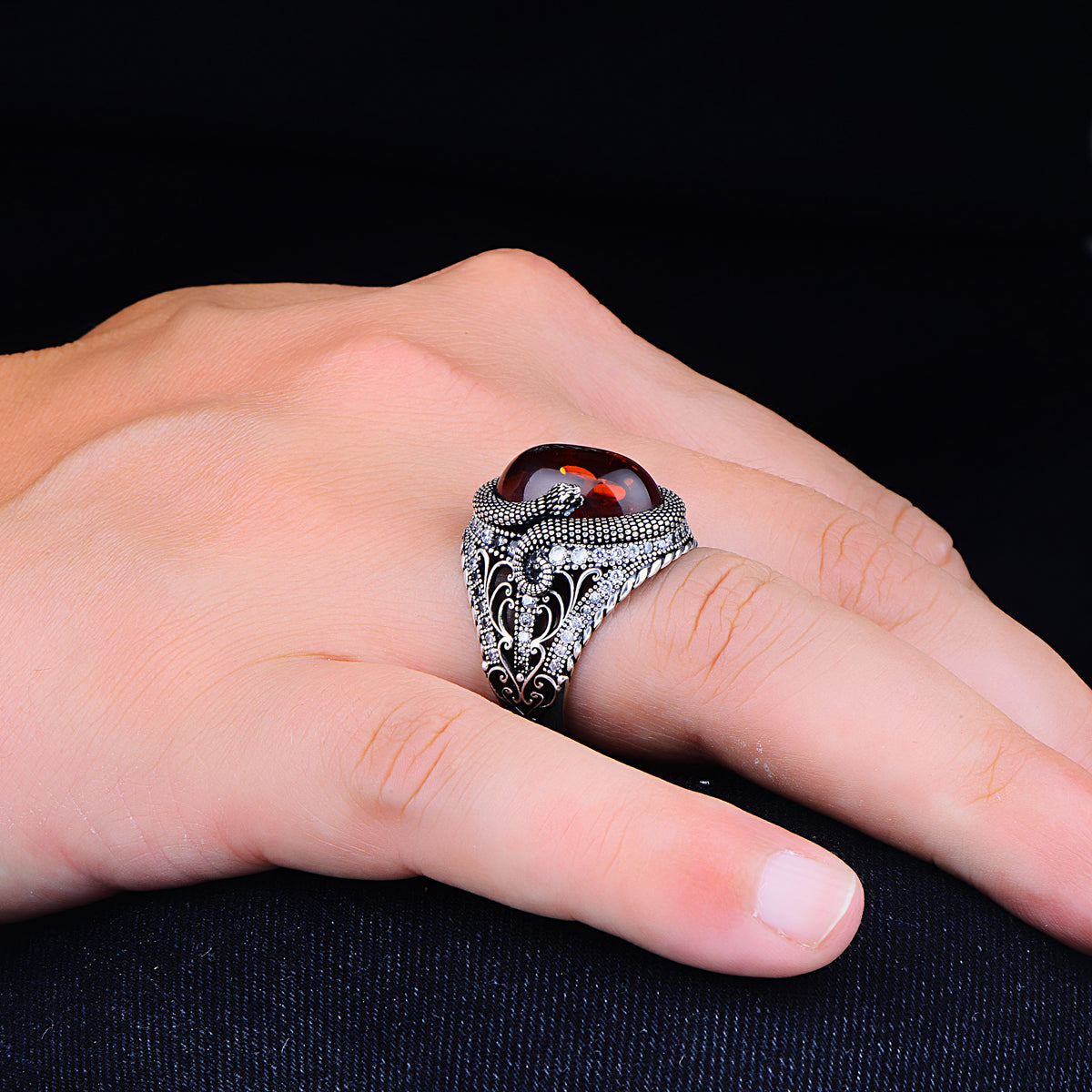 Silver Snake Model Natural Amber Stone Ring