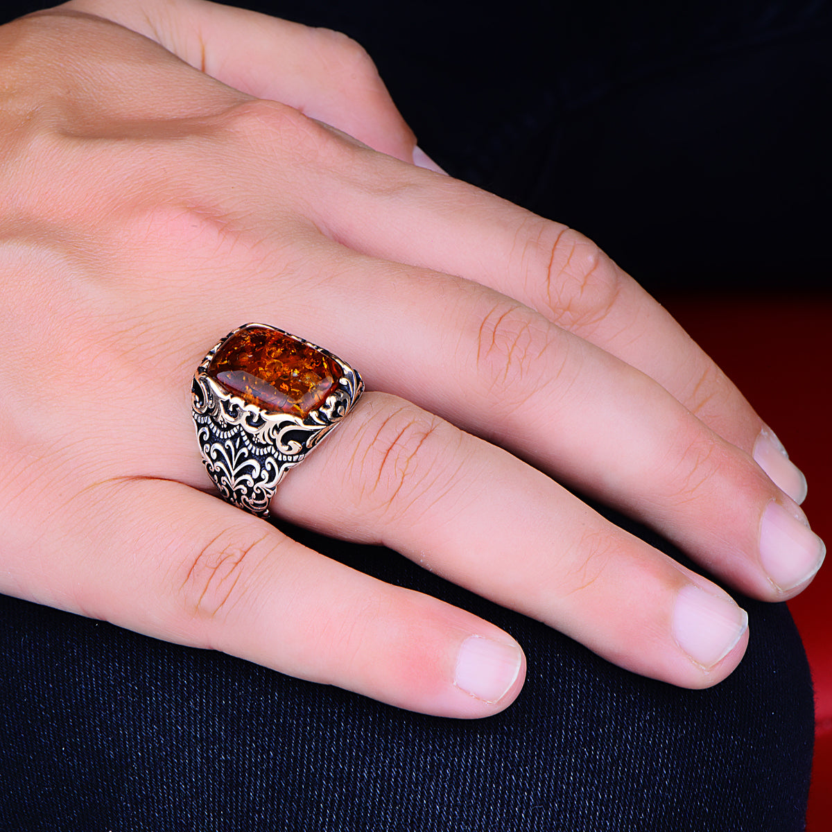 Silver Handmade Ottoman Style Amber Ring