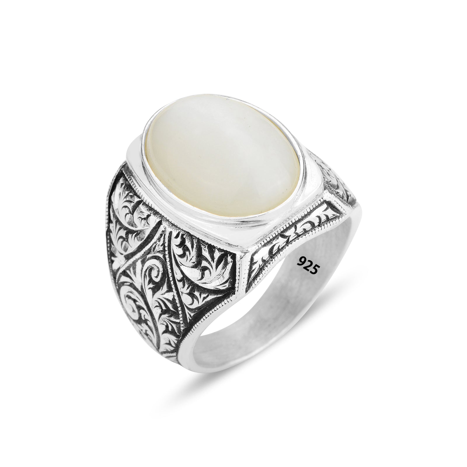 Men Handmade Engraved Natural Raw Stone Moonstone Ring