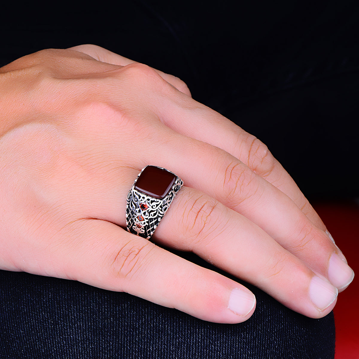 Silver Handmade Minimal Red Agate Stone Ring