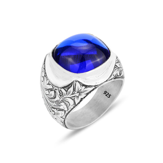 Silver Handmade Natural Sapphire Stone Engraved Ring