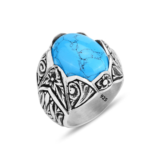 Silver Handmade Natural Turquoise Stone Engraved Ring