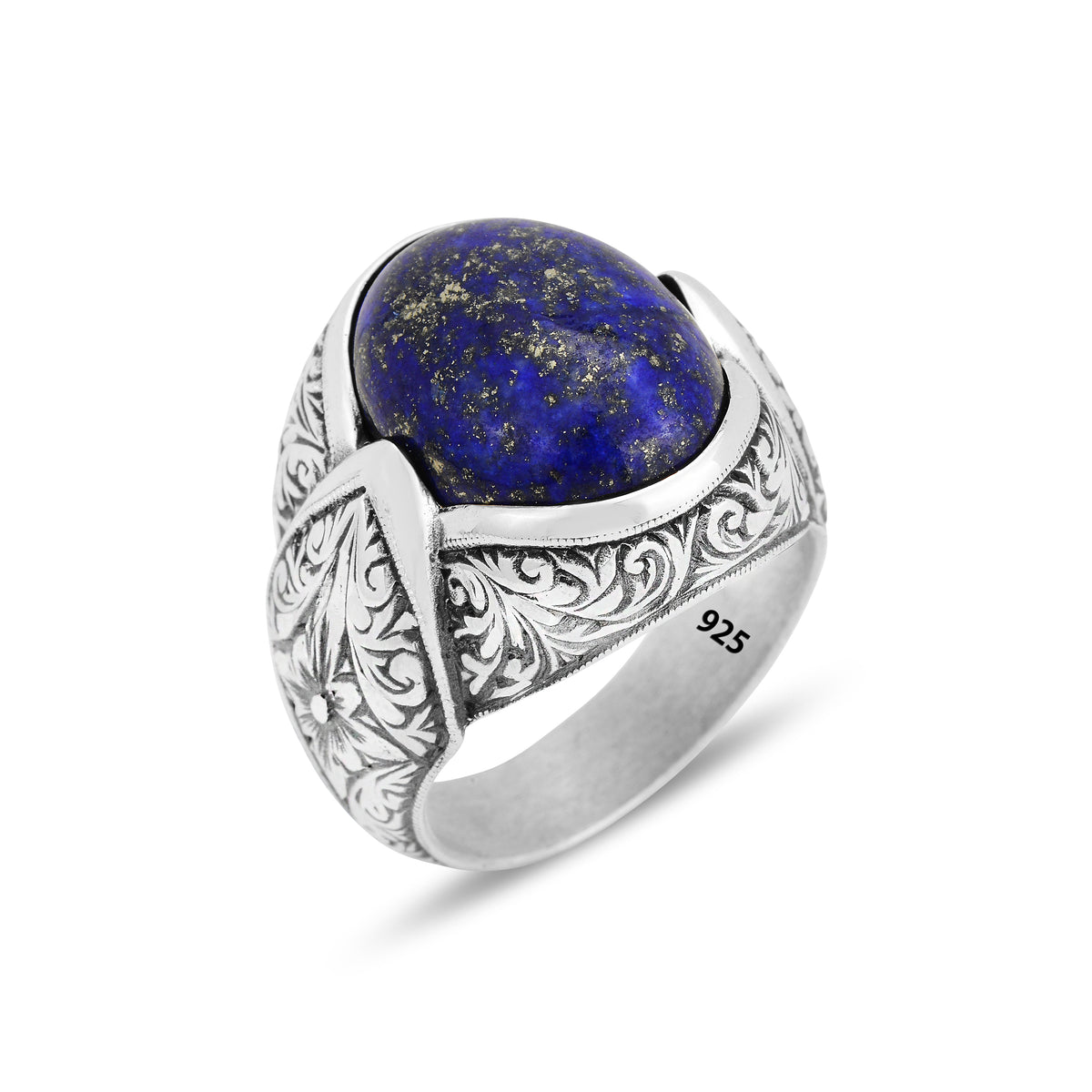 Silver Handmade Engraved Natural Blue Lapis Lazuli Ring