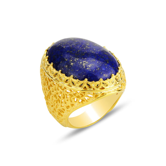 Men Silver Large Gold Plated Natural Lapis Ring