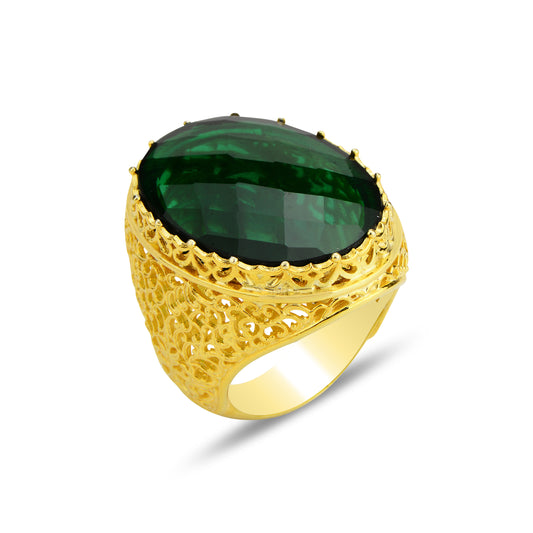 Men Large Gold Plated Emerald Gemstone Ring