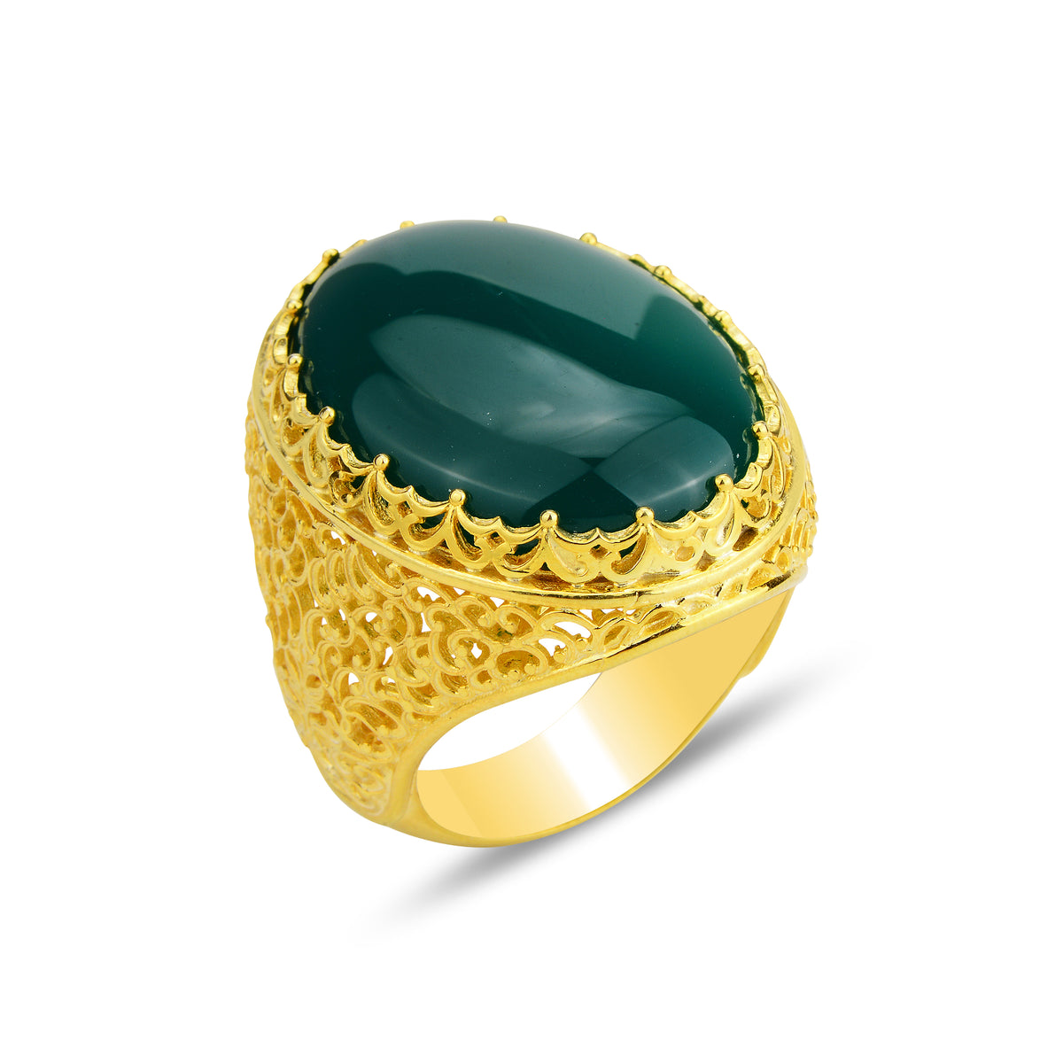 Men Silver Handmade Large Gold Plated Agate Stone Ring