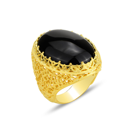 Silver Handmade Large Gold Onyx Ring