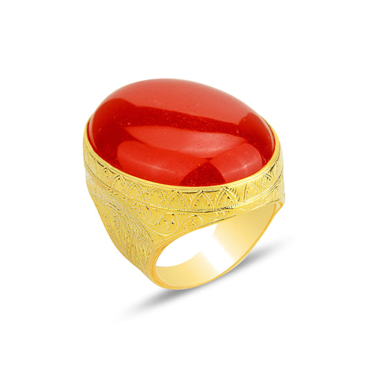 Men Silver Large Gold Plated Jade Stone Ring
