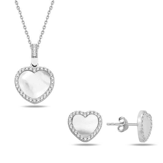 Women Handmade Mother Of Pearl Heart Necklace & Earrings Set
