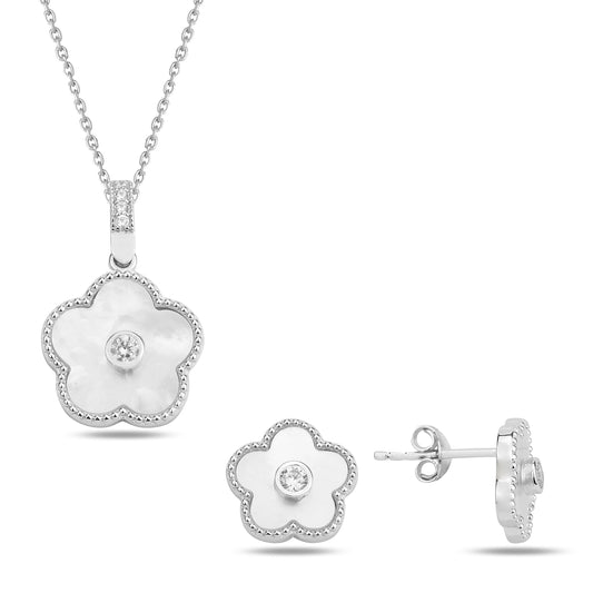 Silver Mother Of Pearl Flower Necklace & Earrings Set