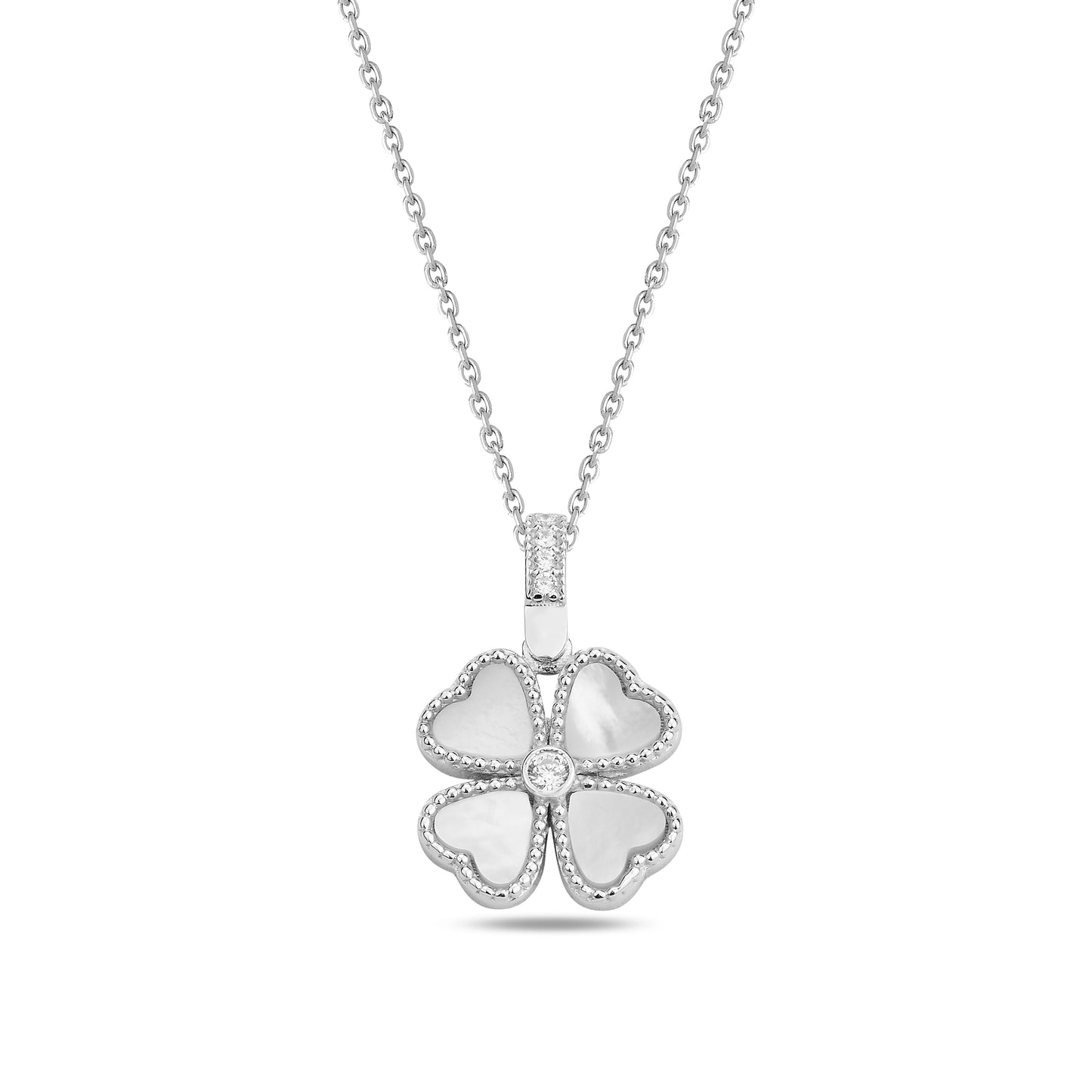 Silver Mother Of Pearl Clover Necklace & Earrings Set