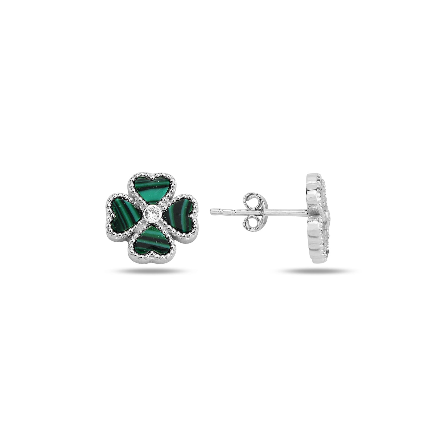 Silver Malachite Gemstone Clover Necklace & Earrings Set