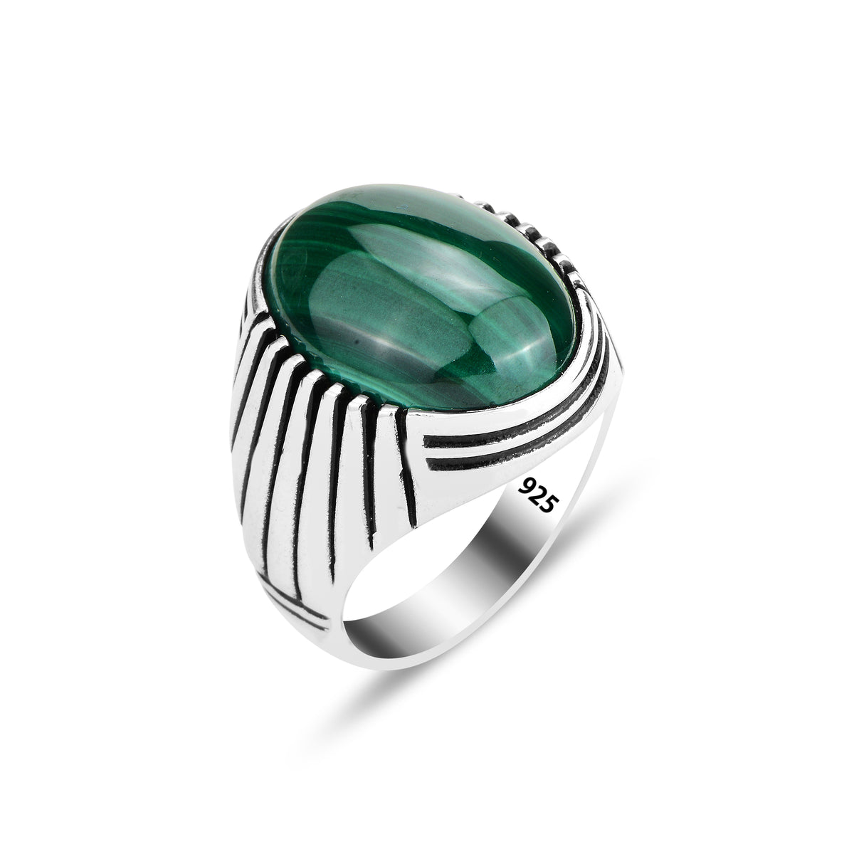 Men Silver Handmade Green Natural Malachite Stone Ring