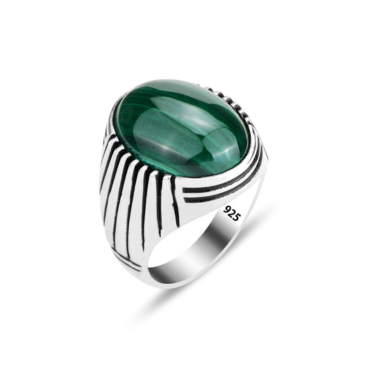 Men Silver Handmade Green Natural Malachite Stone Ring