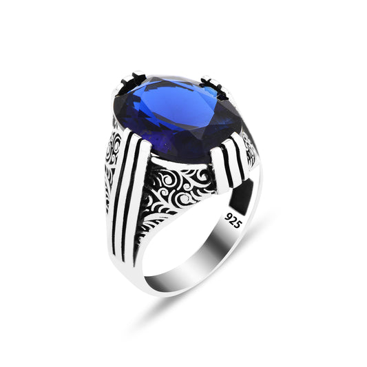Men Handmade Silver Ottoman Style Sapphire Ring