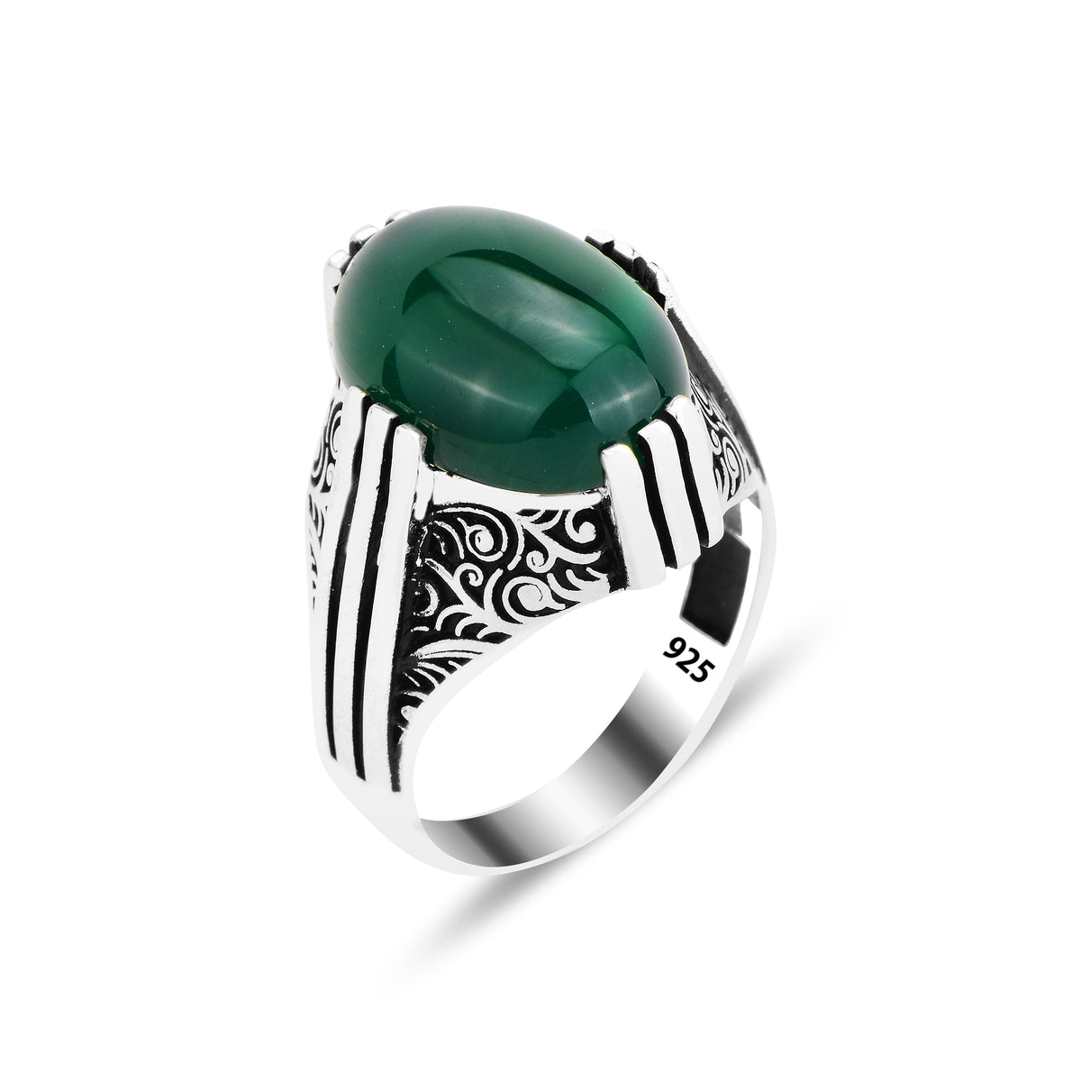 Men Handmade Ottoman Style Green Agate Stone Ring