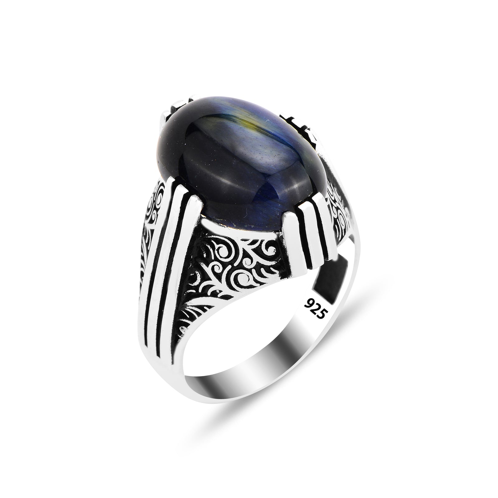 Anillo de hombre hecho a mano estilo otomano con ojo de tigre azul natural