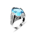 Men Handmade Ottoman Style Oval Aquamarine Stone Silver Ring