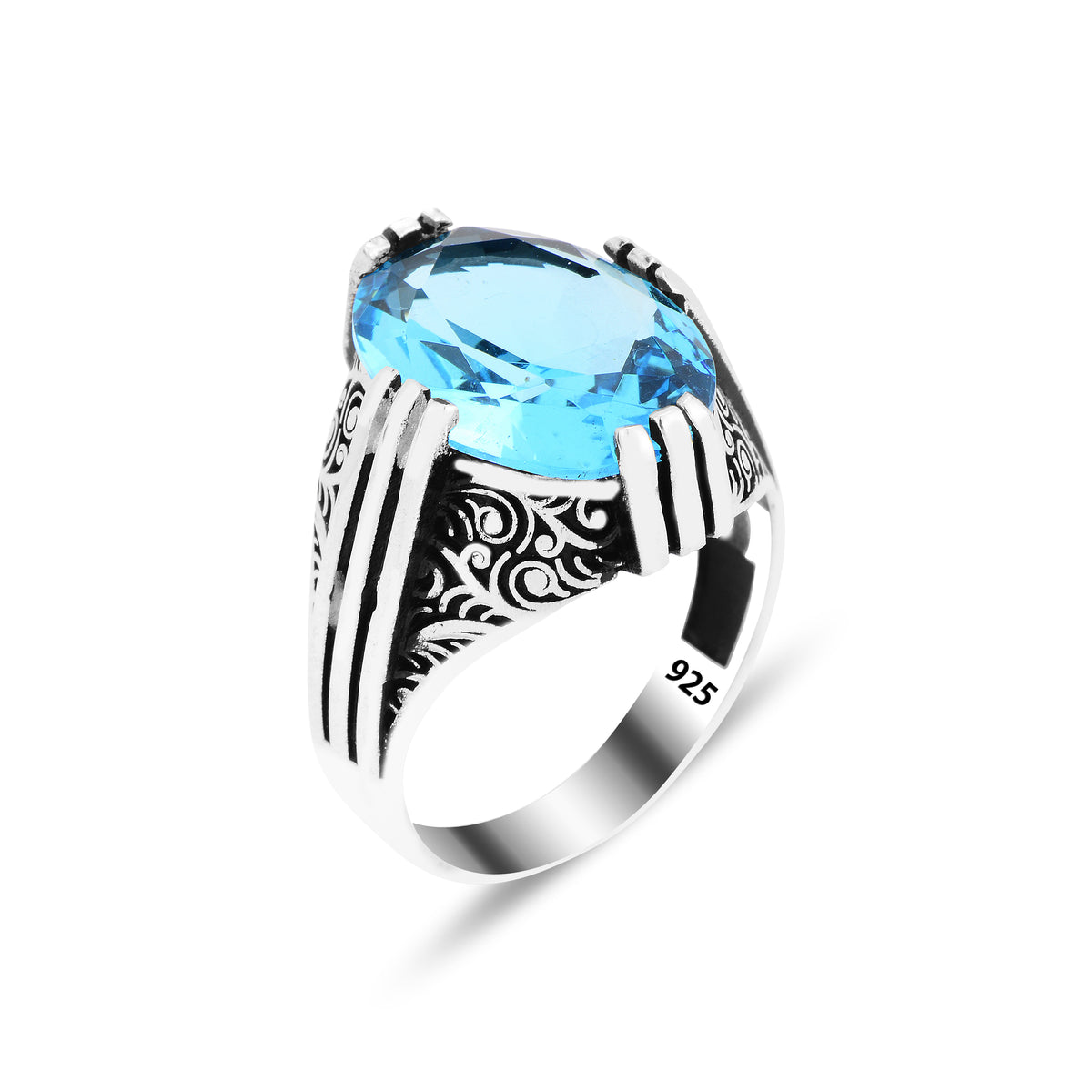 Men Handmade Ottoman Style Oval Aquamarine Stone Silver Ring