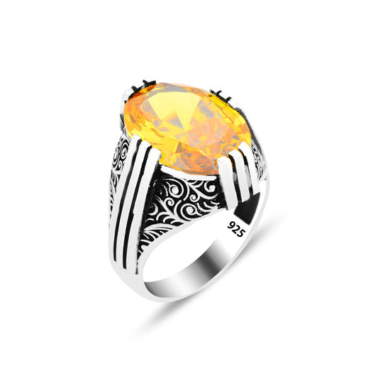 Silver Handmade Ottoman Style Yellow Citrine Stone Ring