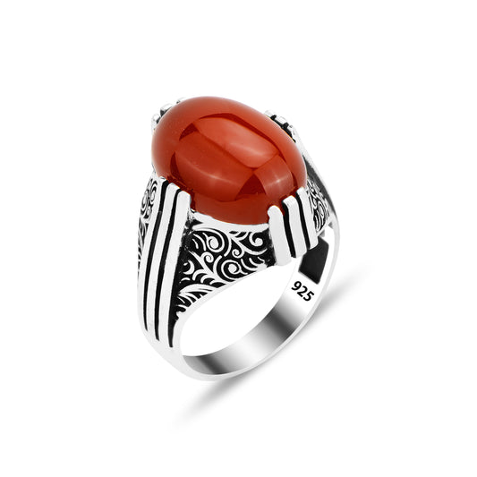 Men Silver Handmade Natural Red Agate Stone Men Ring