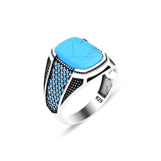 Men Handmade Minimal Micro Turquoise Stone Ring
