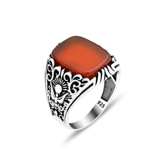 Men Handmade Natural Red Agate ( Aqeeq ) Gemstone Ring