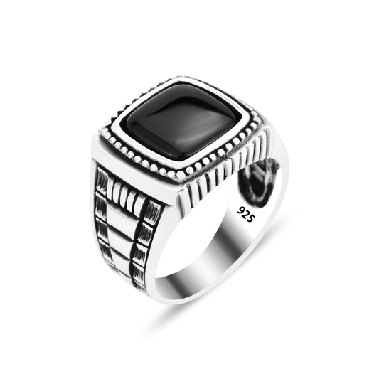 Men Silver Square Black Onyx Gemstone Ring