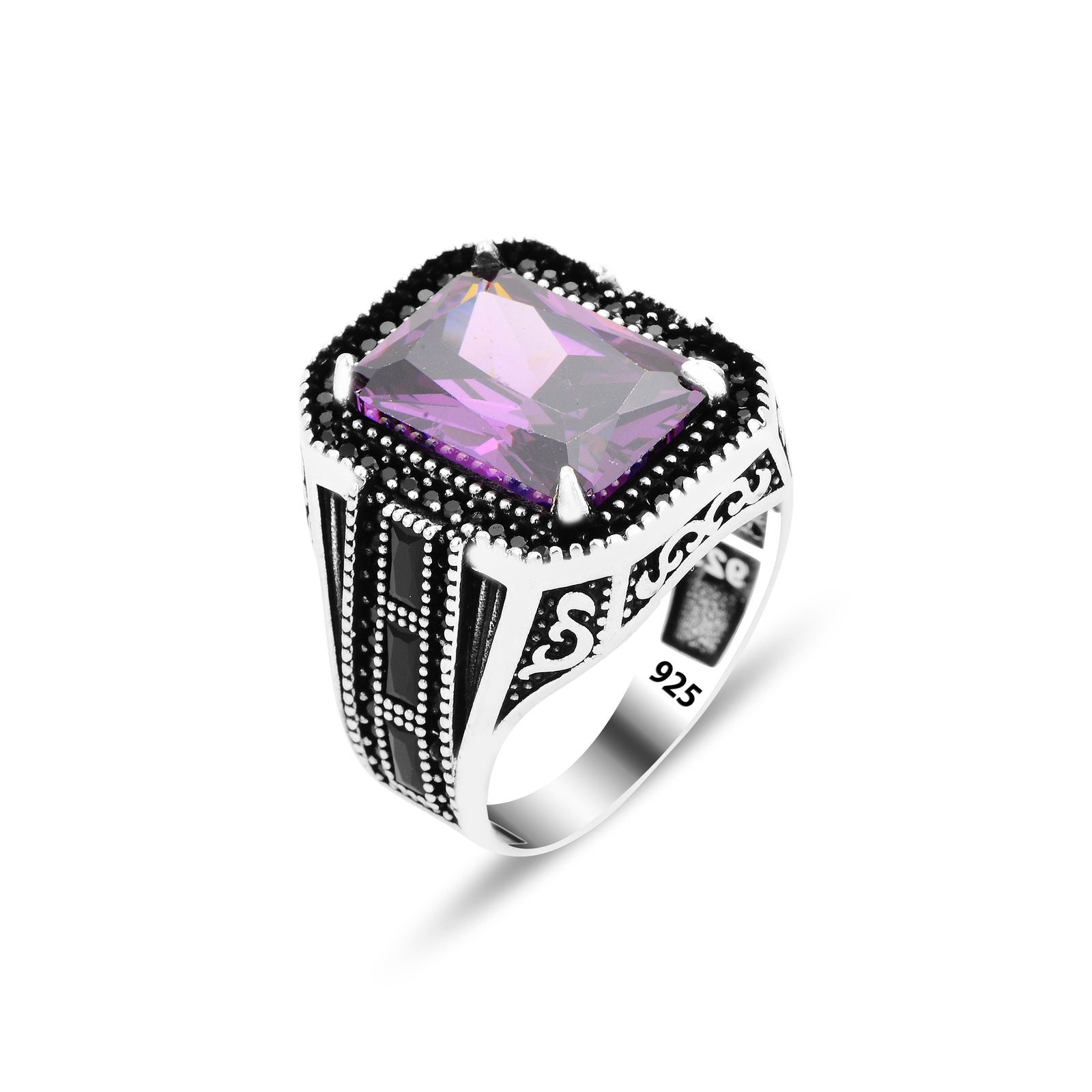 Men Silver Square Amethyst Ring