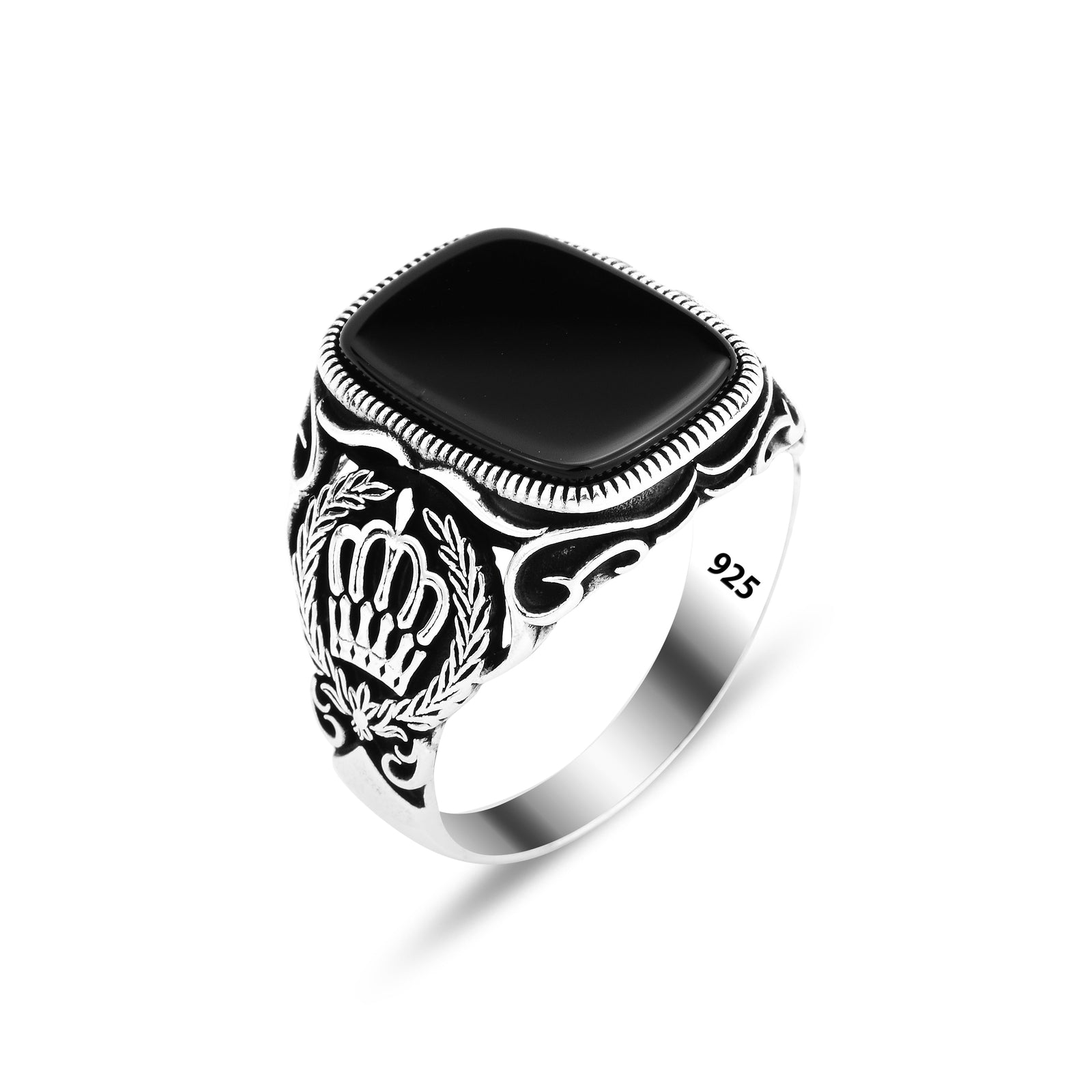 Anillo de ónix con corona de rey cuadrado hecho a mano para hombre