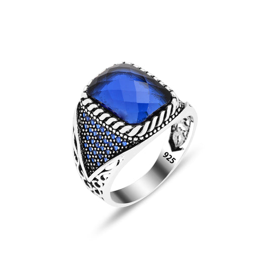Men Blue Zircon Minimal Sapphire Stone Ring