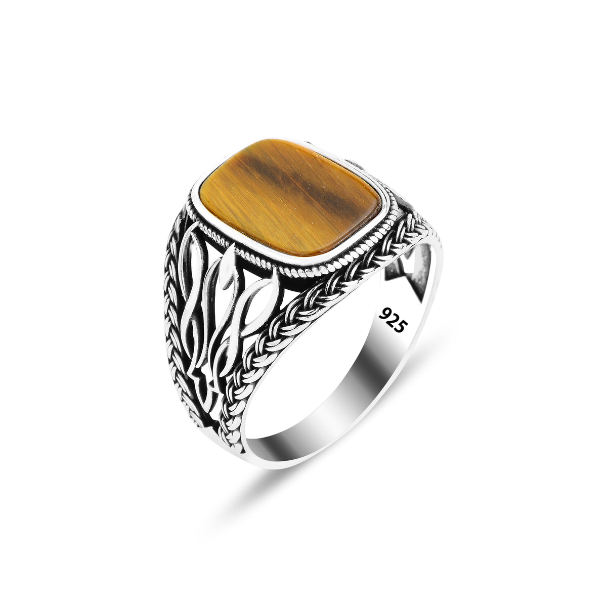 Men Silver Square Tiger Eye Gemstone Ring