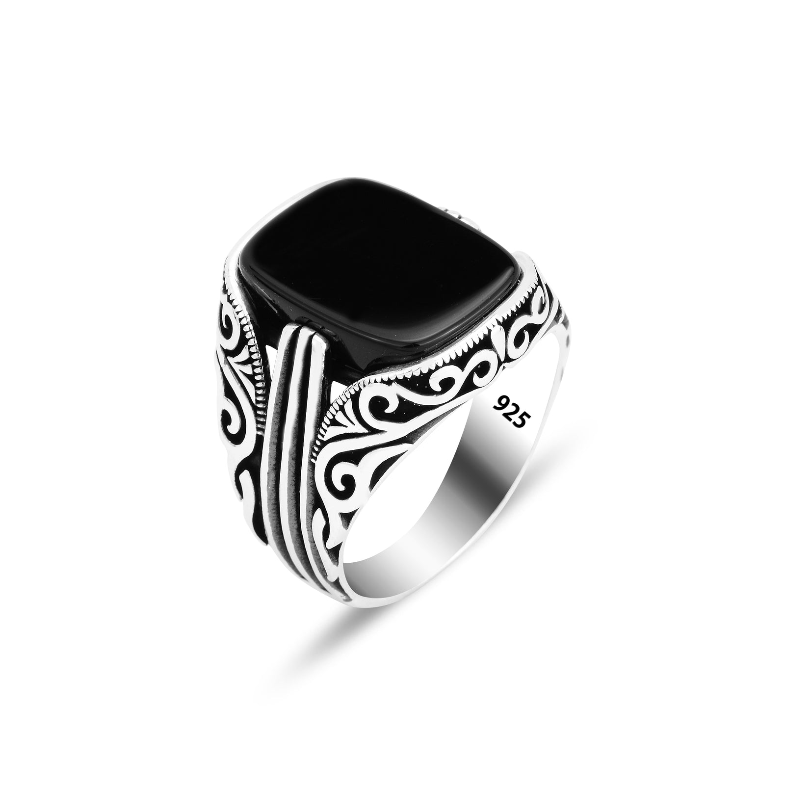 Anillo de hombre con piedra preciosa de ónix y plata cuadrada para hombre