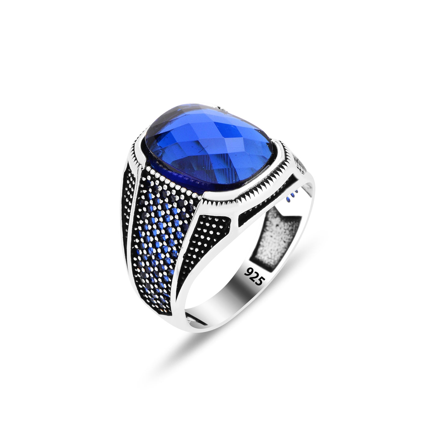 Anillo de hombre con piedra de zafiro mínima cuadrada en plata