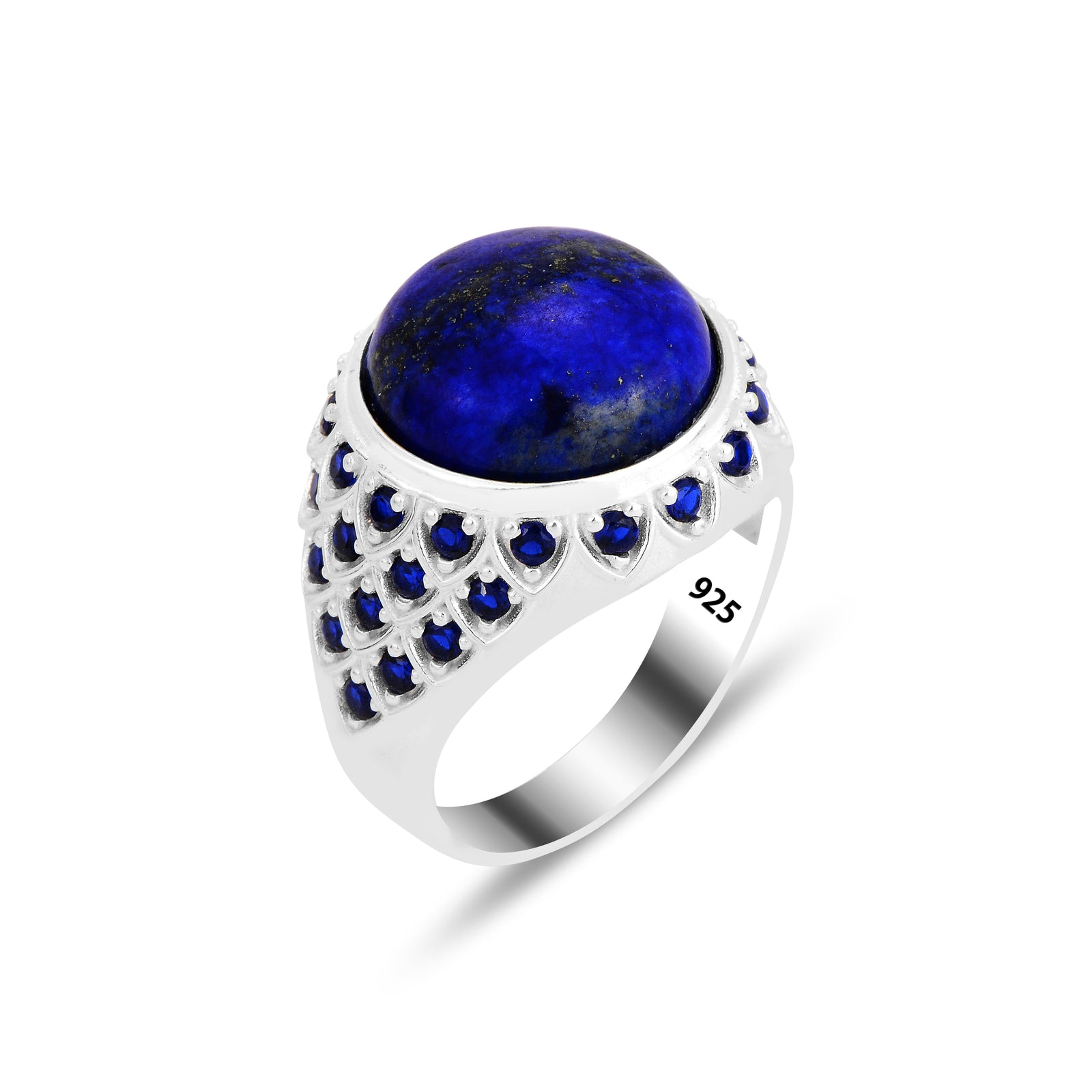 Sterling Silber 925 Massiv mit rundem Lapislazuli Edelstein Osmanischer Herrenring