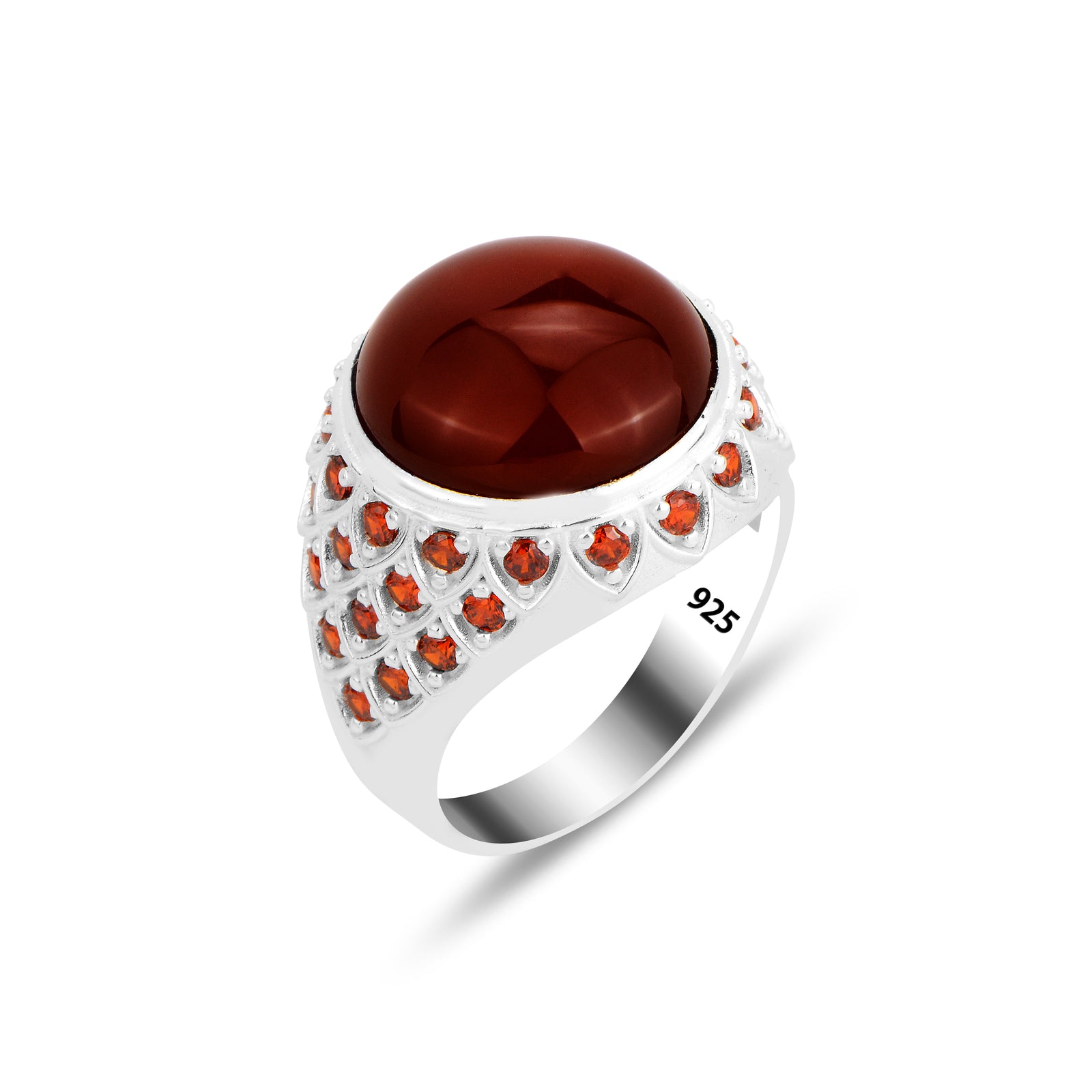 Silver Round Red Agate ( Aqeeq ) Gemstone Man Ring