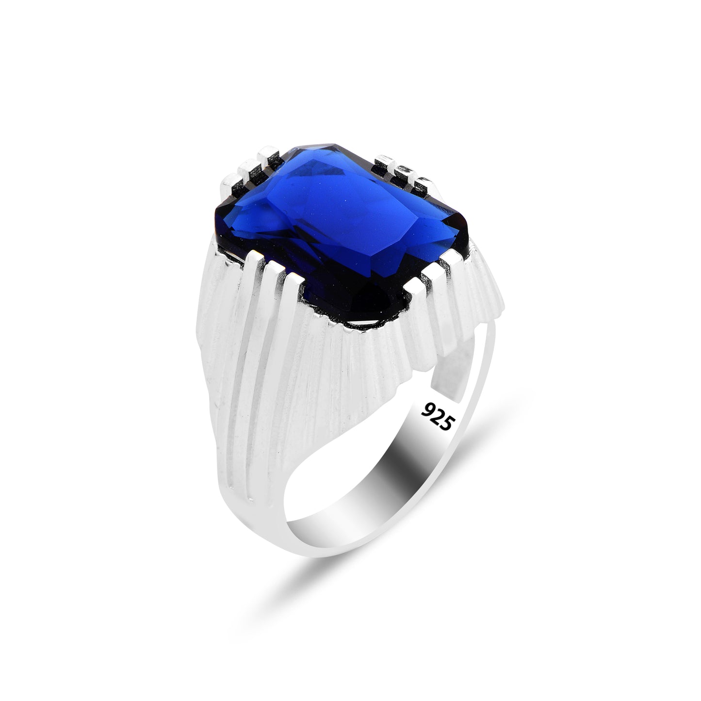 Anillo de plata con piedra preciosa de zafiro cuadrado hecho a mano para hombre