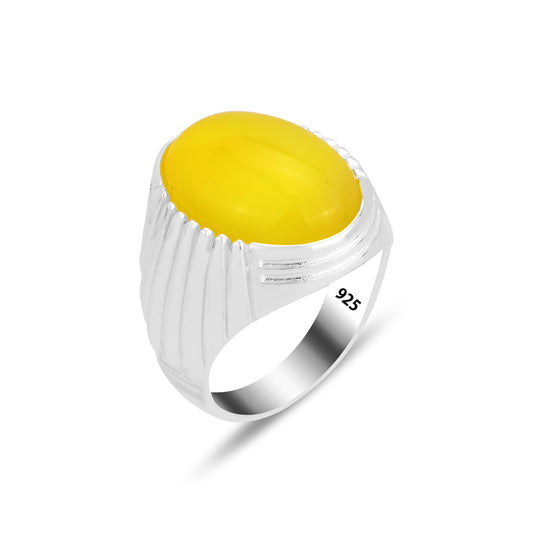 Silver Handmade Oval Yellow Agate Stone Men Ring